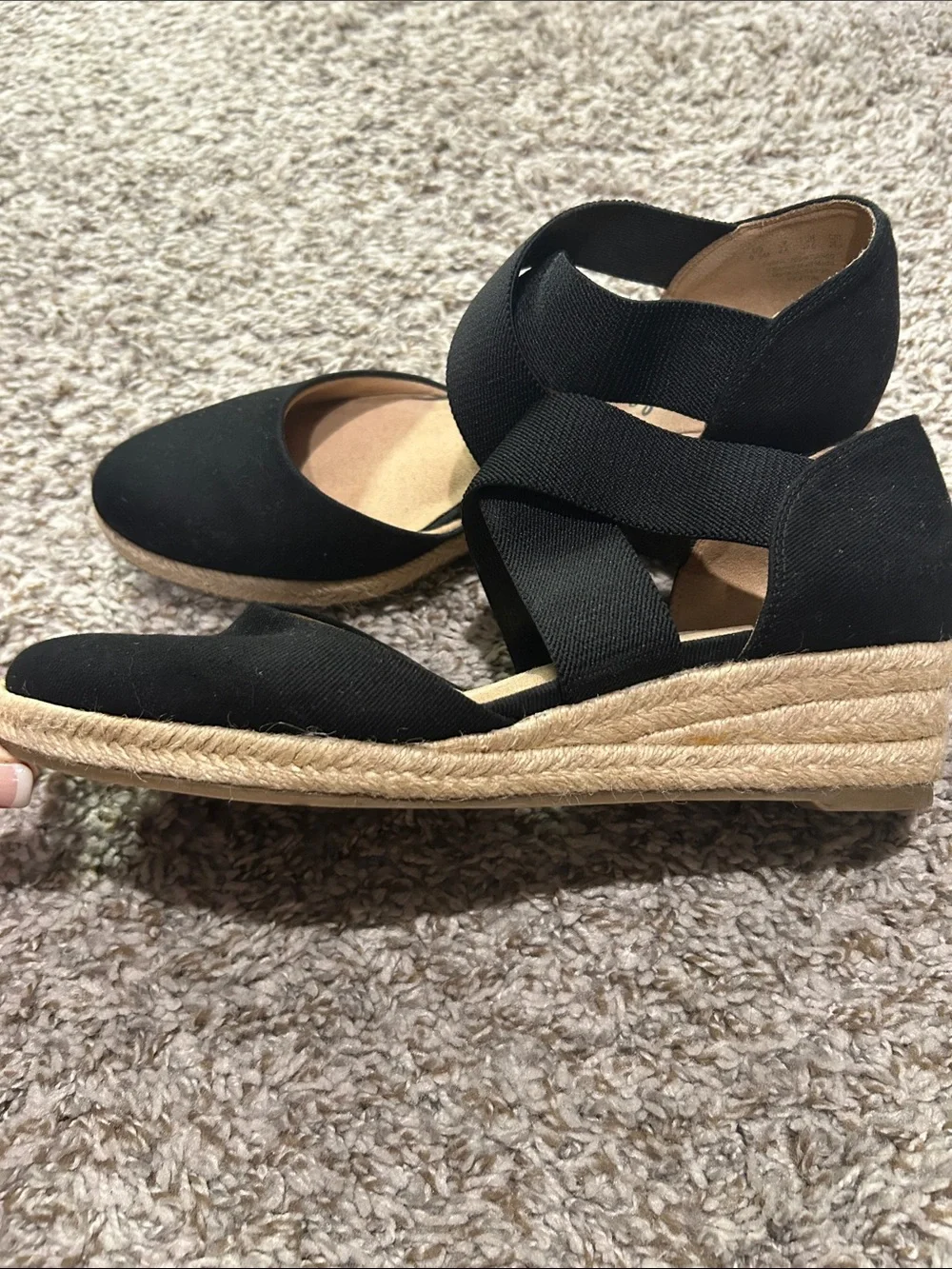 Life Stride Black Espadrille Wedge Sandals with Crisscross Elastic Straps